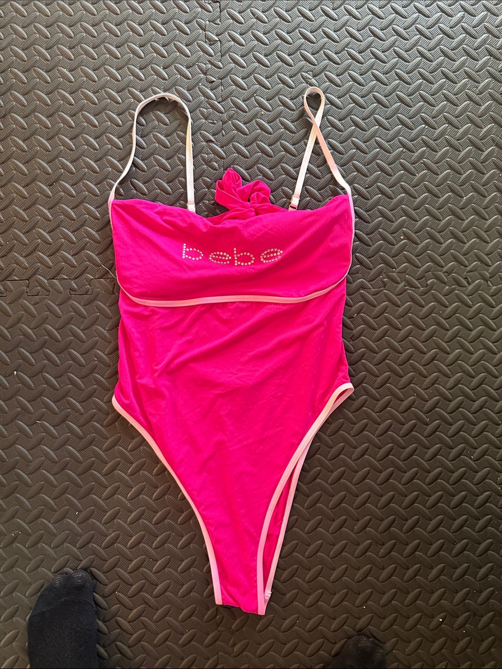 bebe Bright Hot Pink One-Piece Swimsuit with Pale Pink Trim